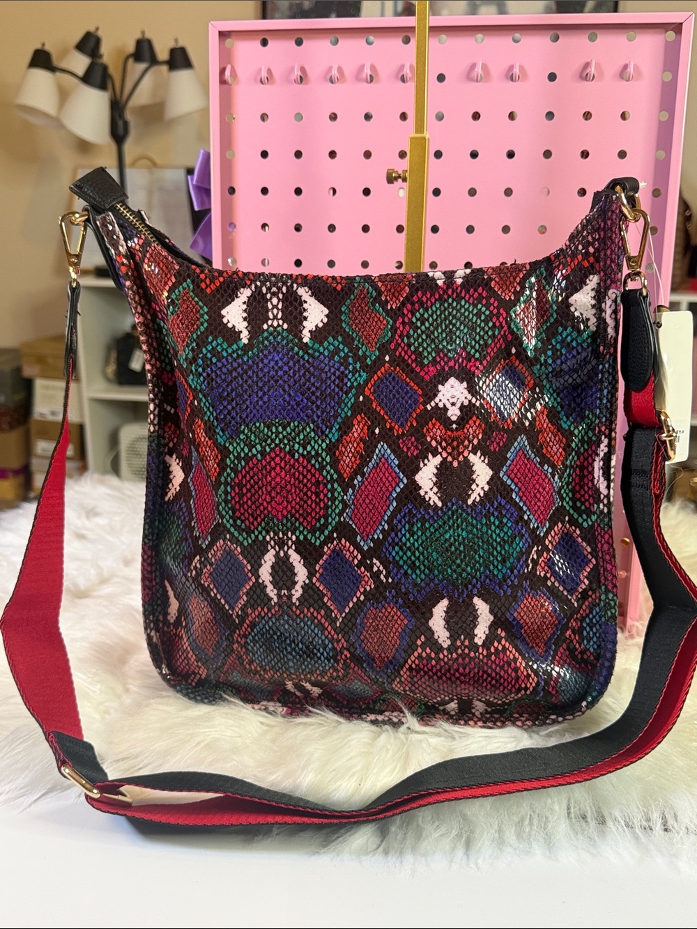 Multicolor Snake-Print Shoulder Bag with Red Strap